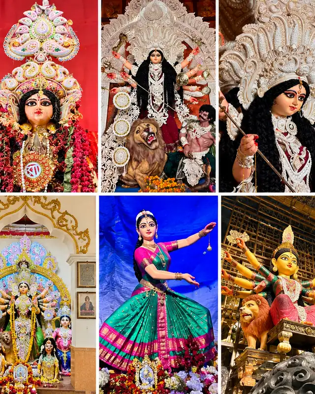A collage of Kolkata Durga Puja: Durga idols from several pandals, close-ups of the goddess in shola and daker saj, and a lane strung with festival lights at night